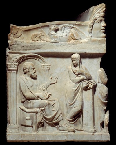 Roman antiquity: Sarcophagus of the Muses. This sarcophagus is adorned with the representation of the nine muses and, on the small sides, portraits of the philosopher Socrates and the poet Hesiod. Here, Socrates, Greek philosopher, with his m by Roman Roman