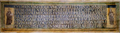 Roman art: mosaic carrying the dedication to Saint Sabine, Christian martyr of the 2nd century. It bears the names of Peter of Illyria, founder of the Basilica, and Pope Celestin I (422-432) by Roman Roman
