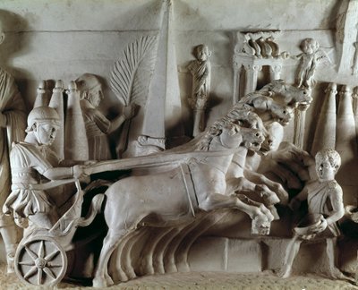 Sculpted relief representing a quadriga, chariot pulled by four horses by Roman Roman