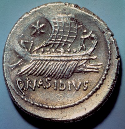 Roman art: silver coin representing a Roman galley by Roman Roman
