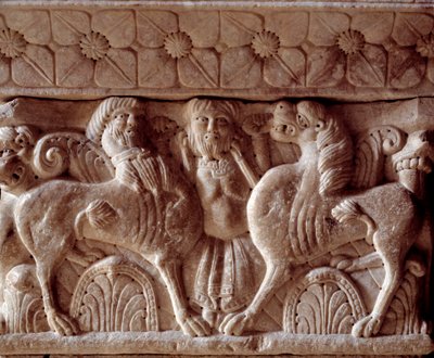 A centaur and a lion, carved capital in the tribune of the Priory by Romanesque