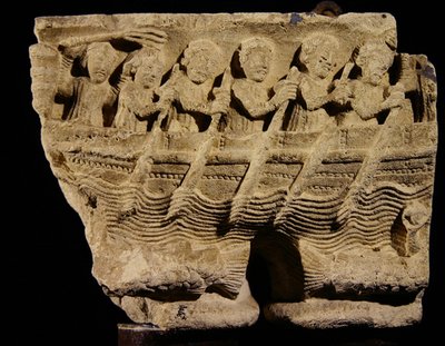 Capital on Twin Columns Depicting Rowers in a Boat by Romanesque