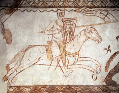 Crusade: Knight of the Order of Templars. Romanesque art. Fresco of the chapel of Cressac (Cressac-Saint-Genis en Charente) by Romanesque