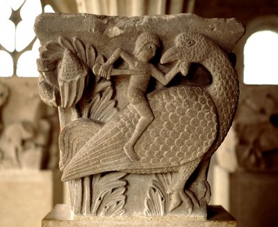 Representation of a combat between a man and a bird (carved capital of the chapter house) by Romanesque