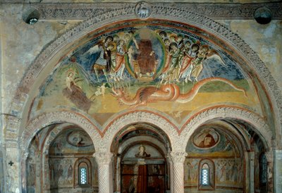 Representation of the Apocalypse: the angels pierce with their arrows the monster with seven heads by Romanesque