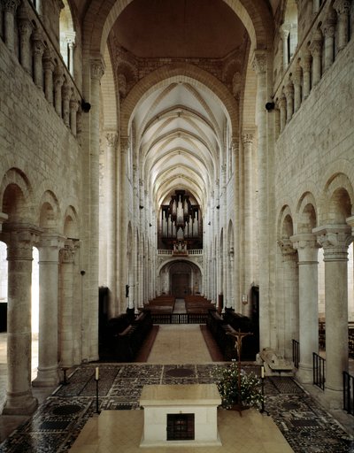 Romanesque art: internal view of the Basilica of Saint Benoit sur Loire (Loiret) built between the 11th and 13th centuries by Romanesque