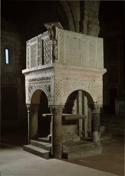 Romanesque Art: Pulpit of the Church Decorated with Marble and Reliefs, Church of St Maria Maggiore (Tuscania, Italy) by Romanesque