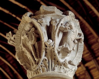 Tones of Gregorian chant: the third one (passion and resurrection of Christ) and Tintinrection of Christ (on the right), Capital of the choir (sculpture) by Romanesque