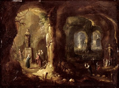 Grotto with Statues and Numerous Figures Worshipping Idols (St Simeon Stylites) by Rombout van Troyen