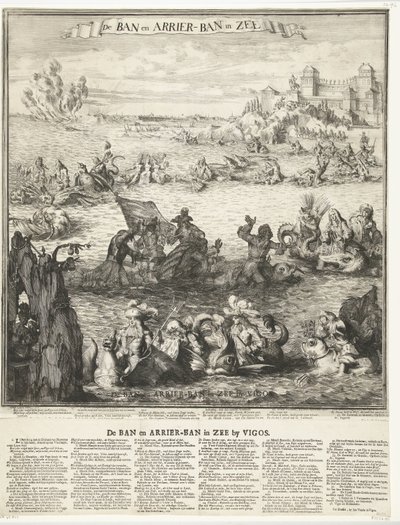 Caricature of the Capture of the Silver Fleet at Vigo, 1702 (The Ban and Arrier-Ban at Sea) (The Ban and Arrier-Ban at Sea near Vigo) by Romeyn de Hooghe (possibly)