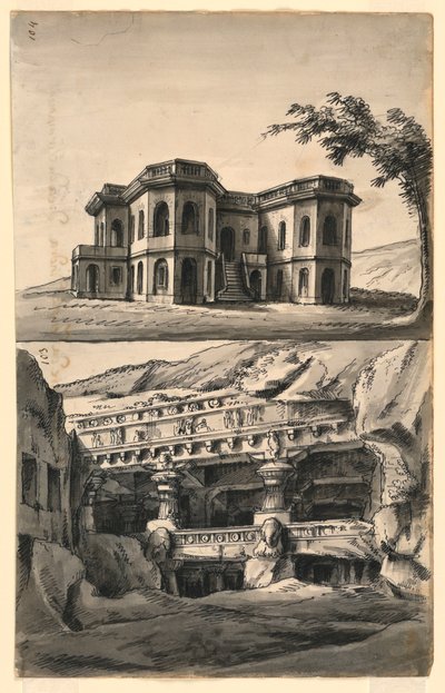 Stage Designs, Castle in Landscape and Temples and Caves by Romolo Achille Liverani