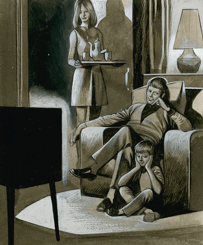 Family Watching Black and White Television in the 1960s by Ron Embleton
