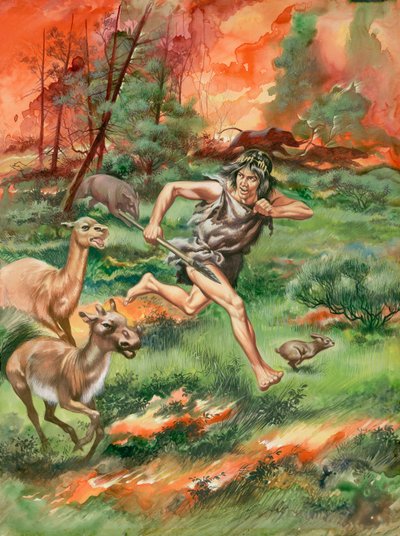 Stone Age Man, Fleeing Fire Along with Animals by Ron Embleton
