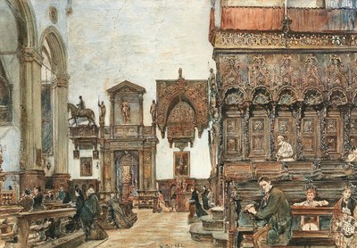 The Interior of the Basilica di Santa Maria Gloriosa dei Frari in Venice with Prayers in the Choir Stalls by Rudolf von Alt