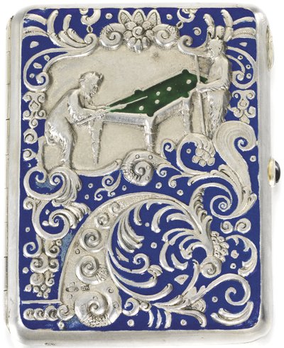 Cigarette case with two satyrs playing Russian billiard by Russian Master