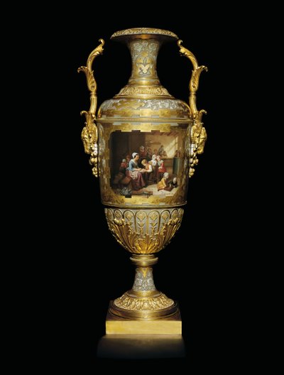 An Alexander II Two-Handled Porcelain and Gold Leaf Vase, Painted with a School Room Scene by Russian School