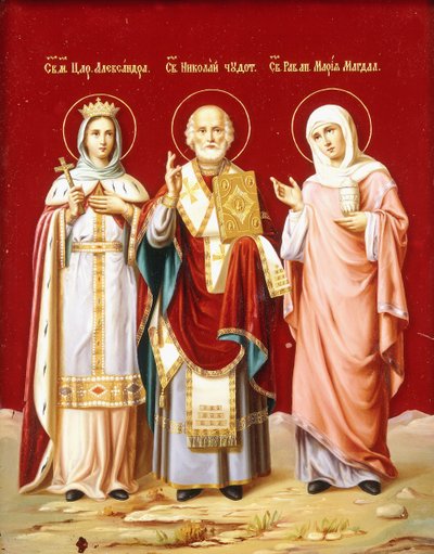 An Icon Painted on Glass Depicting Saint Nicholas, Saint Alexandra and Mary Magdalene by Russian School