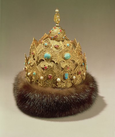 Crown of Karan, engraved gold set with jewels, fur trimming, niello and openwork, mid 16th century by Russian School