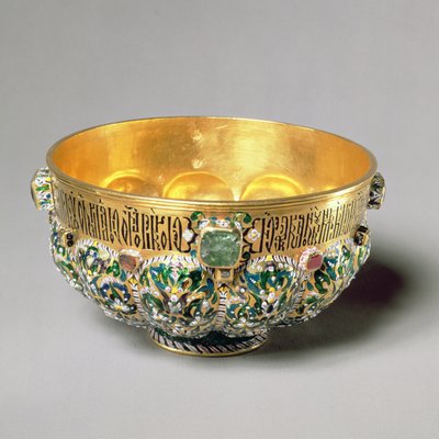 Embossed bowl set with cabochon gems and polychrome decoration, 1653 by Russian School