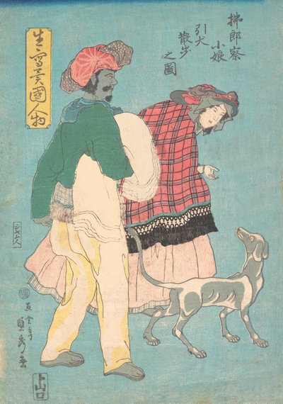 A Young French Lady and a Siamese Servant Taking a Dog for a Walk by Sadahide Utagawa