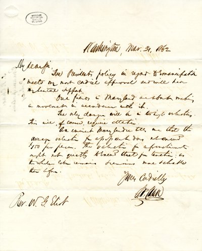 Letter signed S.P. Chase, Washington, to W.G. Eliot, March 31, 1862 by Salmon P. Chase