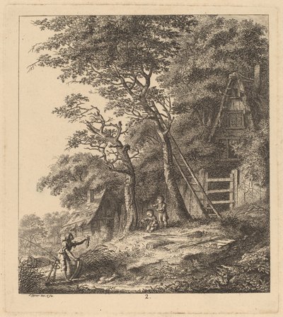 A Fisherman and Two Children in a Landscape with Thatched Cottages by Salomon Gessner
