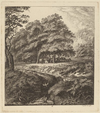 Cattle Resting in a Grove with a Man Seated beside a Brook by Salomon Gessner