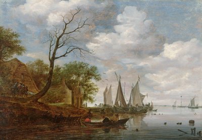 River Scene with Sailing Boats unloading at the Shore by Salomon van Ruisdael or Ruysdael