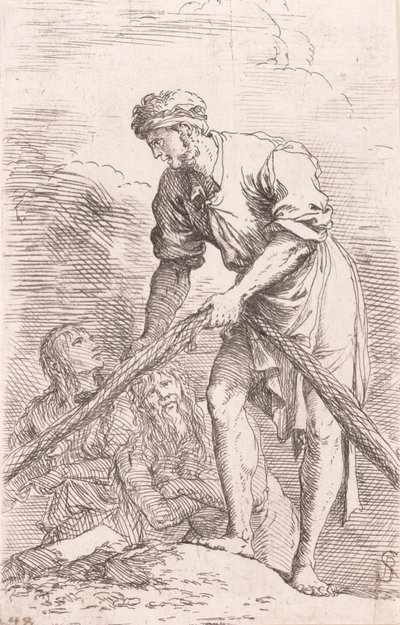 A man pulling a net with two figures behind him, from the series 