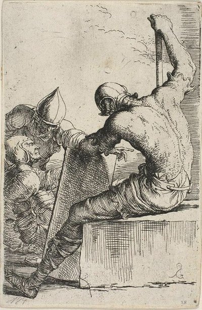 A Warrior, Seated on a Foreground Block, Holds a Shield and Staff and Turns Toward Two Warriors Behind Him, from Figurine Series by Salvator Rosa