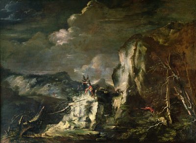 Rocky Landscape with a Huntsman and Warriors by Salvator Rosa