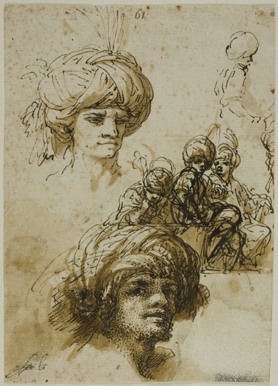 Sketches of Turbaned Men (recto); Fragment of a Figure and Sketches of Foliated Architectural Ornament (verso) by Salvator Rosa