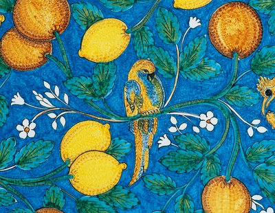 Citrus fruit, flowers and birds on blue background, decorative detail from table, lava stone majolica, Salvatore Gurreri manufacture, Caltagirone, Sicily, Italy, 20th century by Salvatore Gurreri manufacture