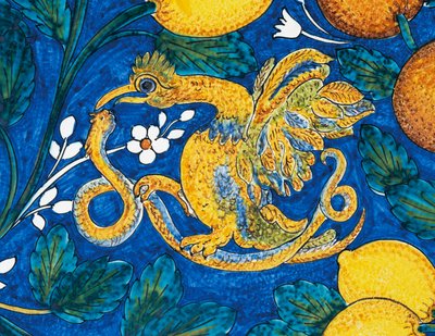 Citrus Fruit, Flowers and Birds on Blue Background, Decorative Detail Table, Majolica Enameled Lava Stone, Salvatore Gurreri Manufacture, Caltagirone, Sicily, Italy, 20th Century by Salvatore Gurreri manufacture