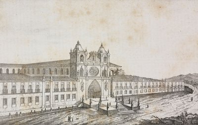Facade of monastery of Alcobaca, Portugal, lithograph by Salvatore Puglia from Poliorama Pittoresco, n 50, July 19 by Salvatore Puglia