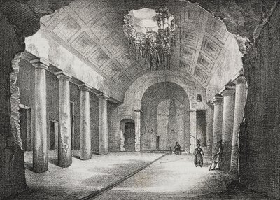 Hall in ancient villa of Prince of Caposele in Formia, Lazio, Italy. Lithograph by Salvatore Puglia from Poliorama Pittoresco by Salvatore Puglia