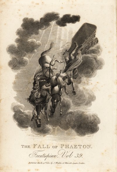 Allegorical illustration of Phaethon, son of Helios and the Oceanid Clymene, falling out of the sky while driving the Sun Chariot by Samuel (after) Cooper