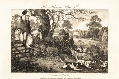 Mounted huntsman jumping a fence after a pack of hounds chasing a hare by Samuel (after) Howitt