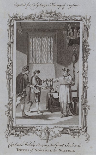 Cardinal Wolsey Resigning the Great Seal to the Dukes of Norfolk and Suffolk by Samuel (after) Wale