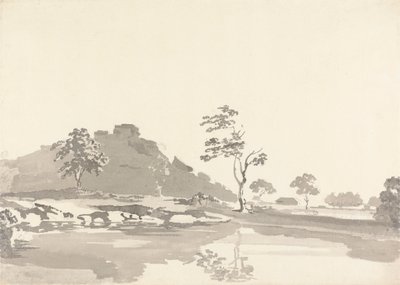 River Scene with a Fort on a hill in the middle distance by Samuel Davis
