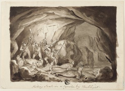 Killing Seals in a Cavern by Torchlight; Sketch of Hunters and Board by Samuel Howett