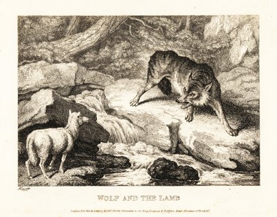 A wolf trying to justify killing a lamb near a river by Samuel Howitt