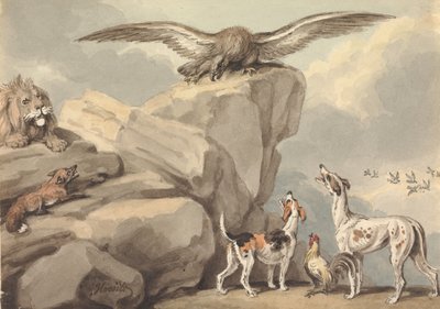 An Eagle Perched on a Rock; Lion, Fox, Two Hounds and a Rooster (possibly for "Aesop
