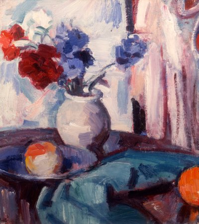 Mixed Carnations and Cornflowers in a Pottery Vase by Samuel John Peploe