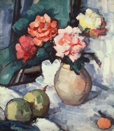 Mixed Roses in a Brown Vase with a Cup, Saucer and Apples by Samuel John Peploe