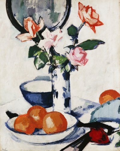 Pink and Tangerine Roses in a Blue and White Beaker Vase with Oranges in a Bowl and a Black Fan by Samuel John Peploe