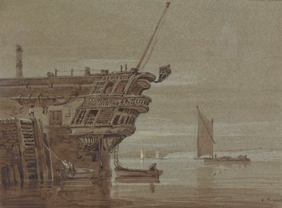 An East Indiaman Moored, Small Boats Alongside, Other Boats Further Off by Samuel Prout