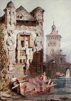 Figures in a boat with buildings by Samuel Prout