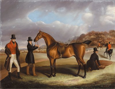 Lord George Bentinck with His Favourite Hunter and Grooms in a Landscape with a Hunt Beyond by Samuel Spode