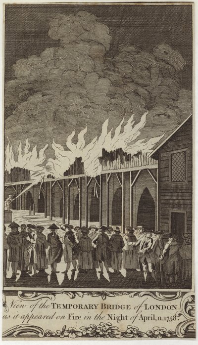 View of the temporary bridge of London as it appeared on fire on the night of 11 April 1758 by Samuel Wale